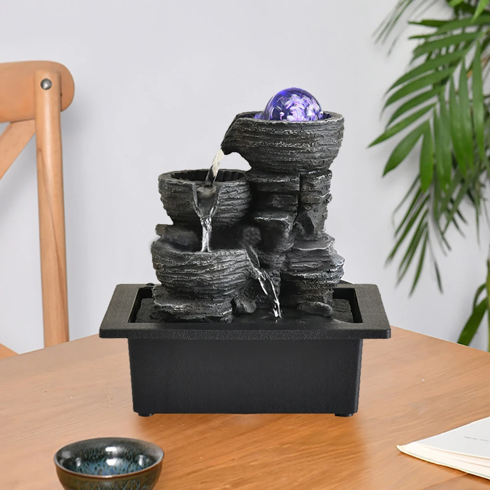 

3-Tier Indoor Relaxation Waterfall Fountain Desktop Water Fountain Tabletop LED Light FengShui Resin Ornament For Decor