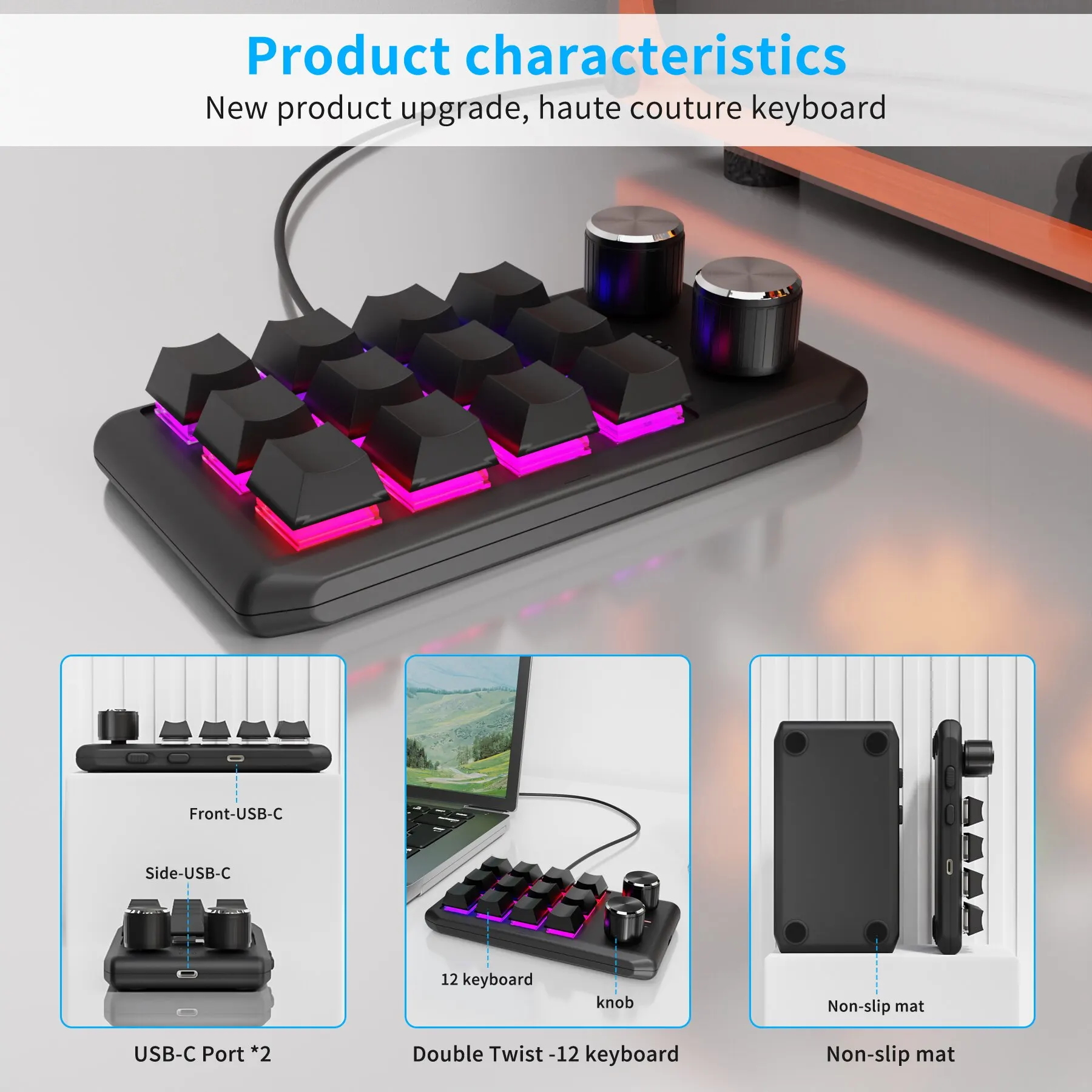 Enhanced RGB Mechanical Macro Pad - 12 Keys & Dual Knobs for Gaming & Custom Programming