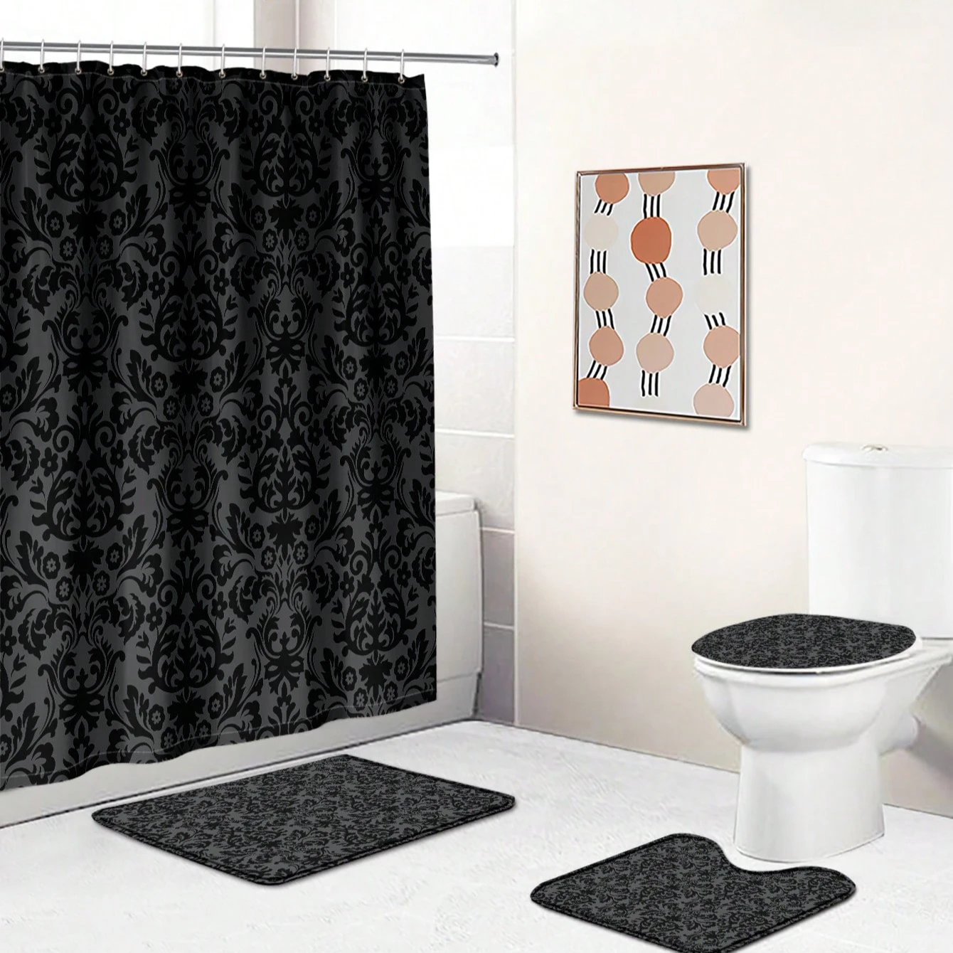 4pcs Waterproof Durable Baroque Style Background Multipurpose Decorative Shower Curtain With 12 Hooks, For All Scenarios 3