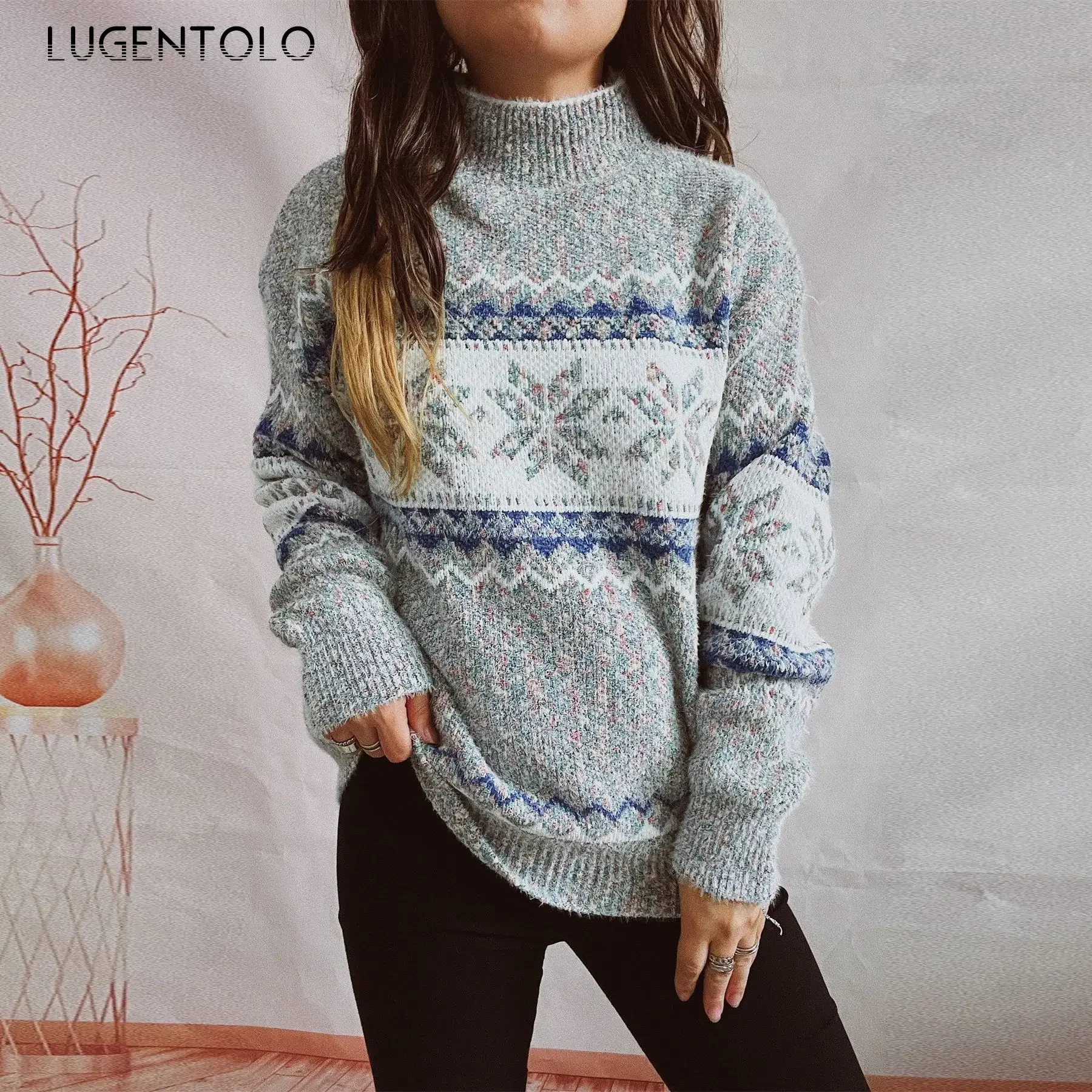 

Women Thickened Knitted Sweater Snowflakes New Atutumn Winter Lady Casual Half High Collar Long Sleeve Clothing