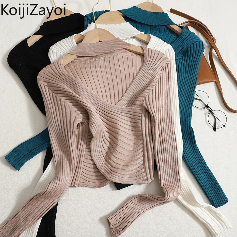 

Koijizayoi Solid Women Sexy Sweater Office Lady Chic V Neck Spring Autumn Basic Pullovers Fashion Slim Knitted Jumpers 2022 New