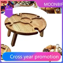 Wooden Outdoor Folding Picnic Table With Glass Holder Round Foldable Desk Wine Glass Rack Collapsible Table for Garden Party