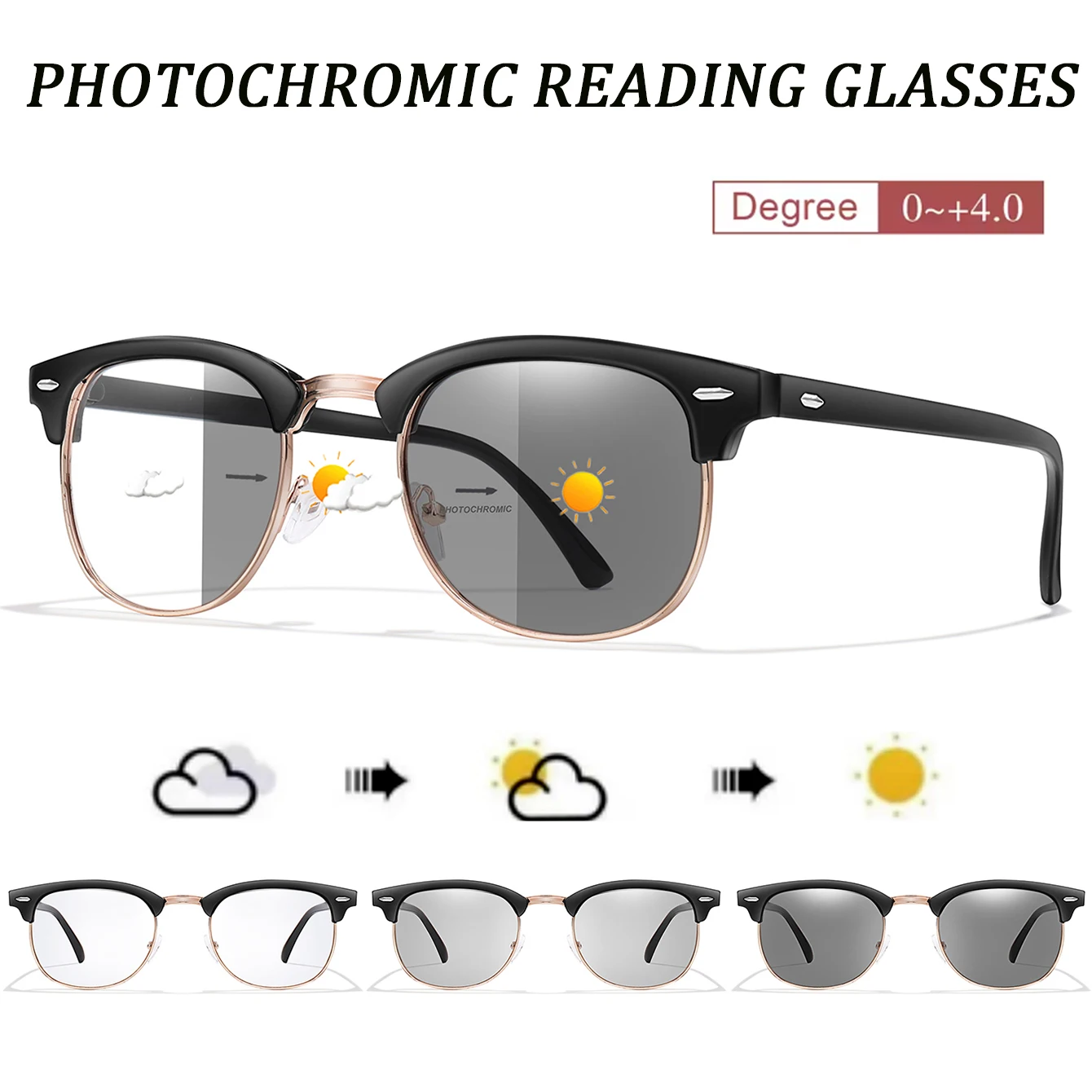 Photochromic Reading Glasses Metal Half Frame Anti-blue Light