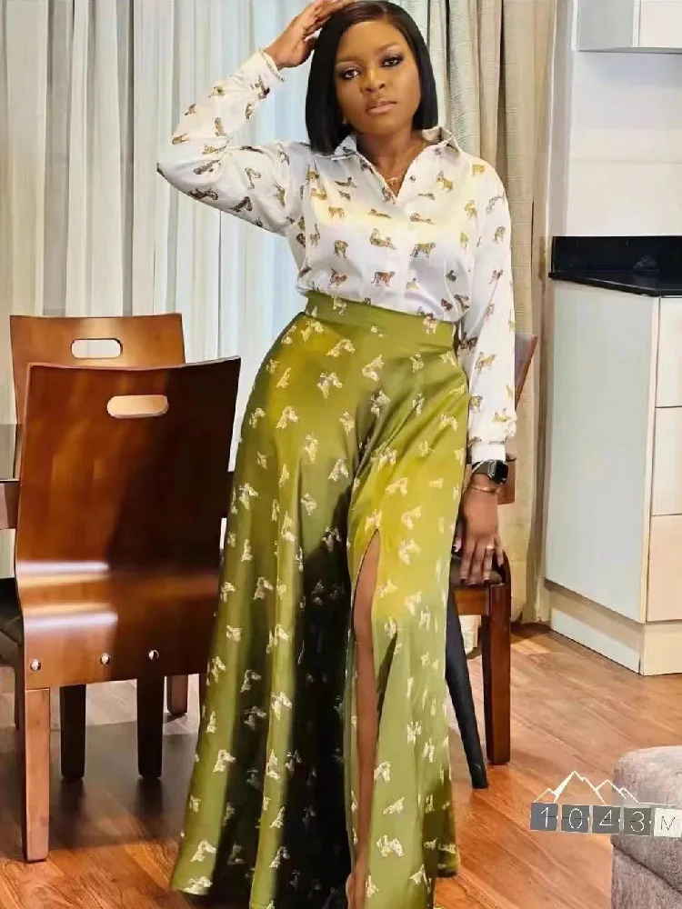 

Fashion New Print Elegant Women Suit Casual Turn-down Collar Long Sleeve Blouse And Elastic Waist Pants 2 Piece Sets Street Wear