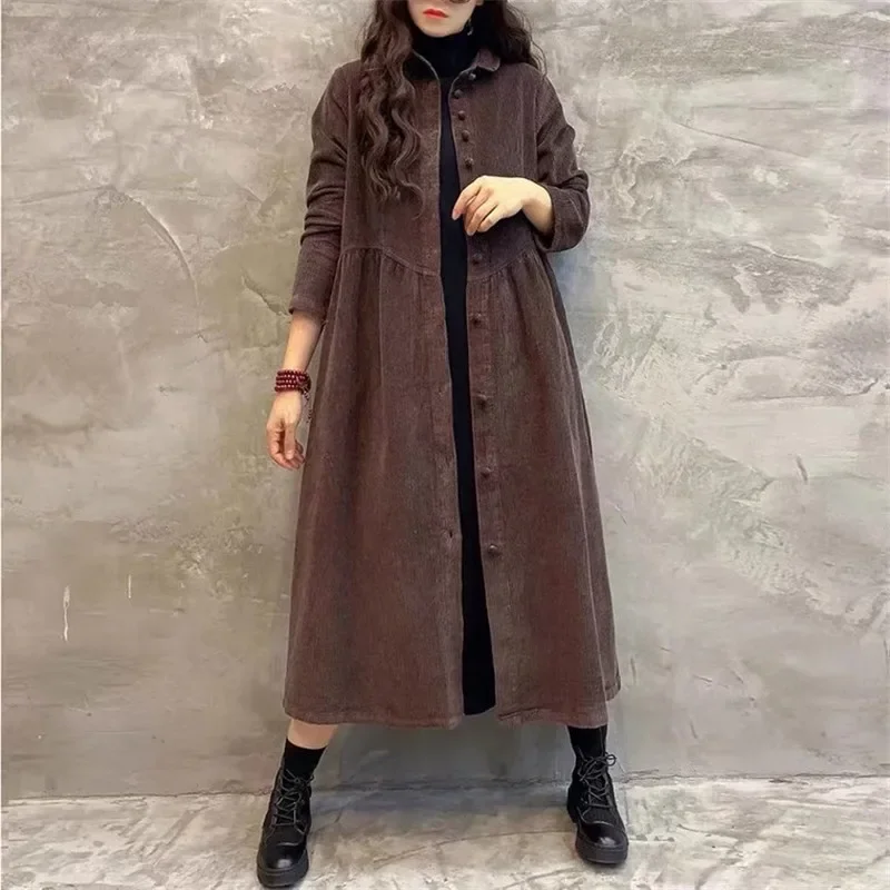 

Women Long Trench Coat Female Single-Breasted Long Sleeves Corduroy Outerwear Retro Fashion Spring Autumn Windbreaker Female