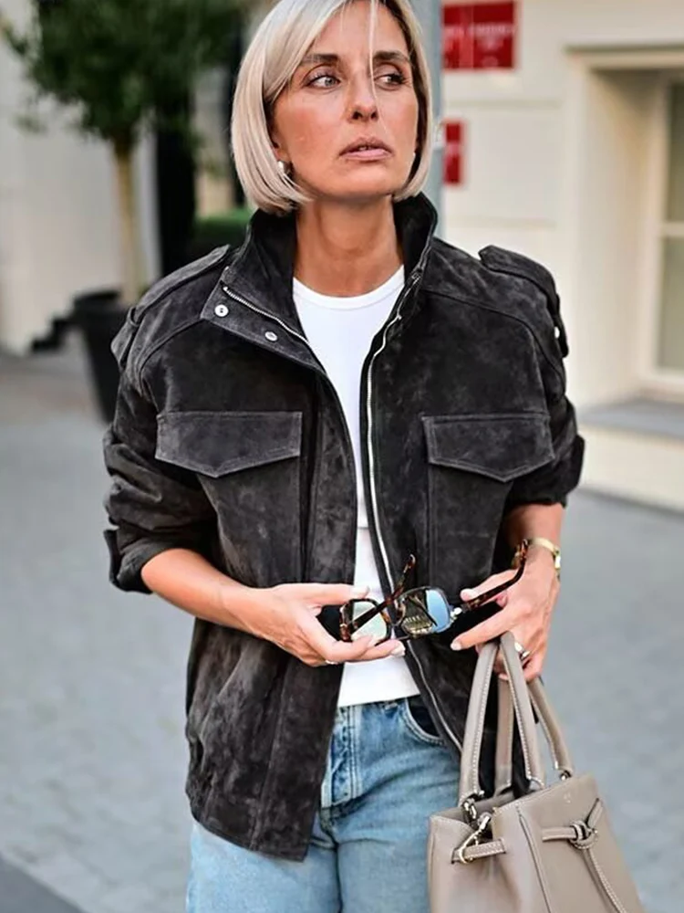 Women Vintage Suede Jacket 2025New Autumn Winter Fashion Long Sleeve Zipper Loose Coat Chic Female High Street Leisure Outerwear