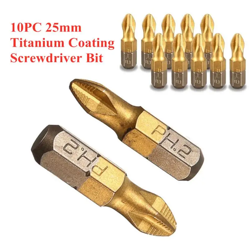10Pc Magnetic Hex Shank Titanium Coated Anti Slip PH2 Screwdriver Drill Bit 25mm 