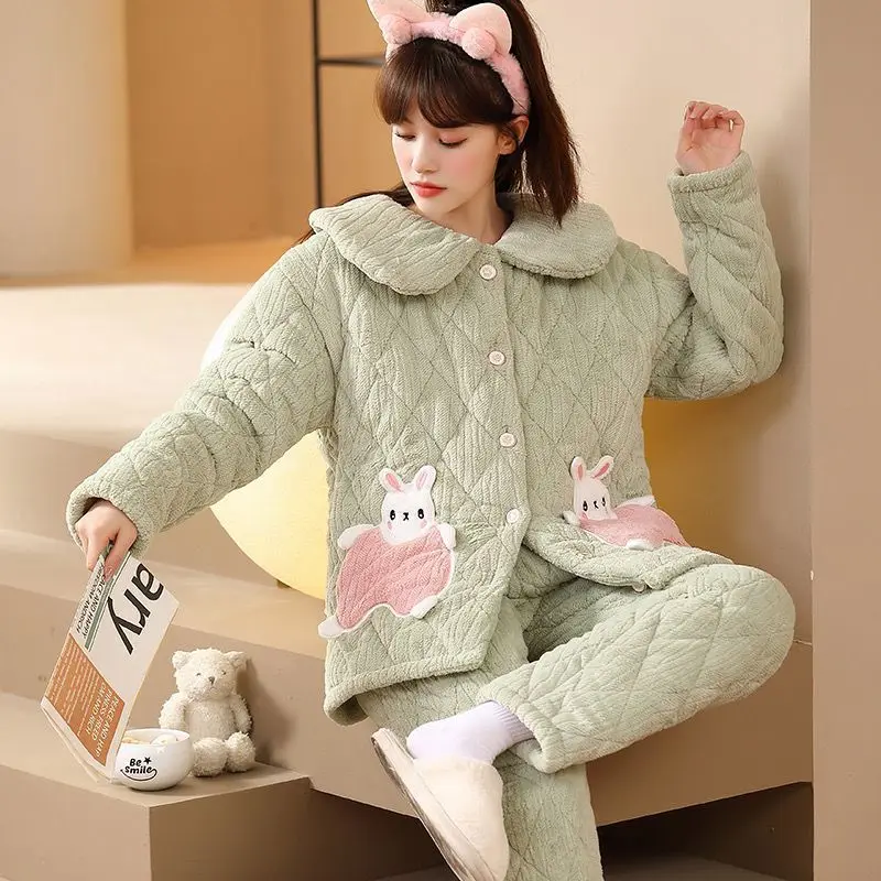 Pajamas Three Layers Cotton Padded Sleepwear Sets Women Coral Velvet Warm Flannel Autumn Winter Outside Wear Home Service Suit