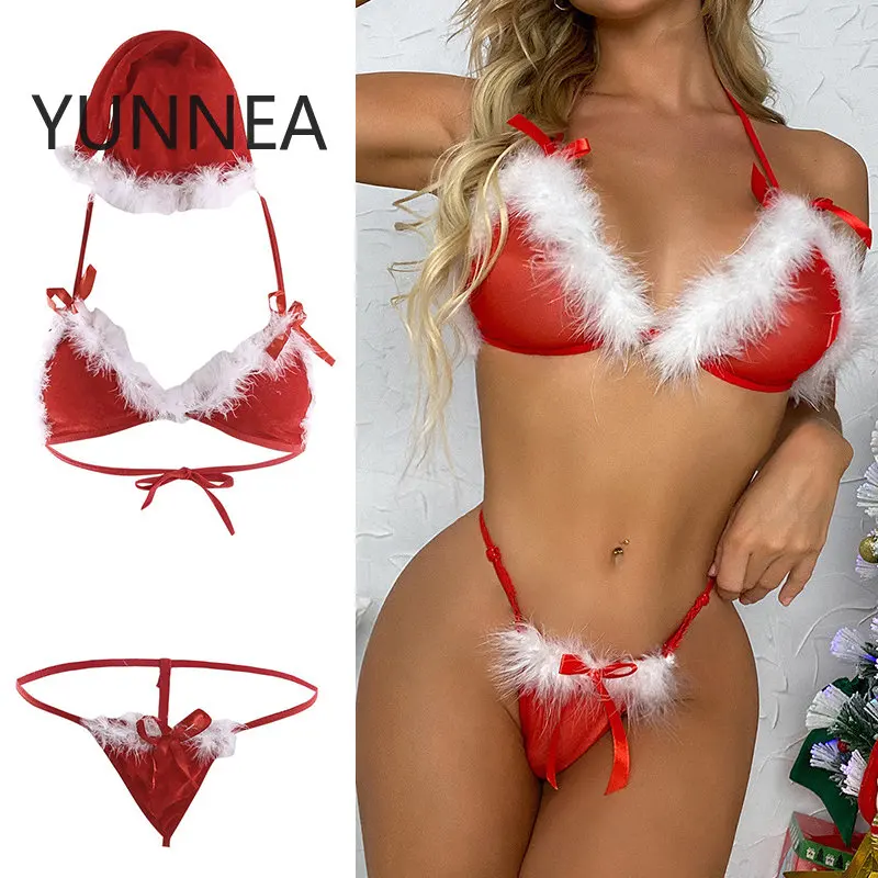 

Sexy Santa Lingerie Lady Christmas Red Velvet Fluffy Bikini Sets Bra G-String Thong Hat 3Pcs Bandage Exotic Set with Feather