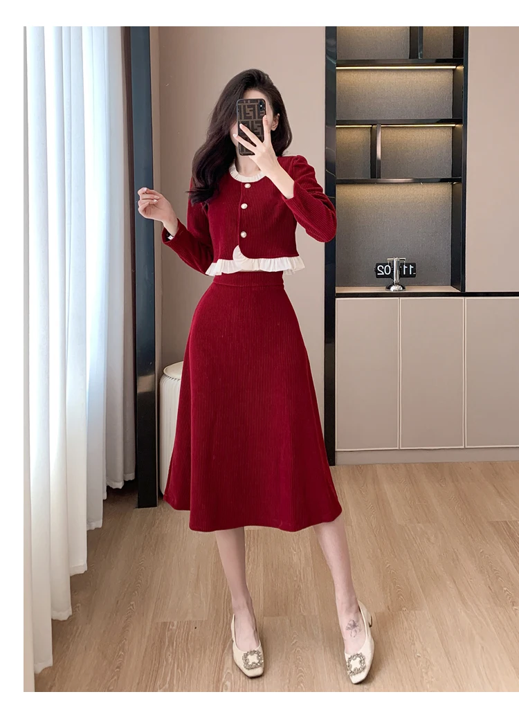 Autumn Winter Corduroy Two-piece Skirt Set Women Long Sleeve Ruffles O-neck Top Solid Midi Skirt Korean Fashion Outfits New
