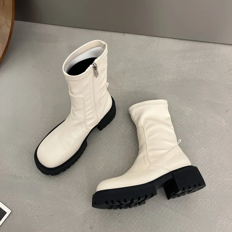 Thick Sole Women Ankle Boots Fashion Square Toe Heel Zipper Ladies Flat Heel Short Boots High Quality Autumn Women's Boots Shoes