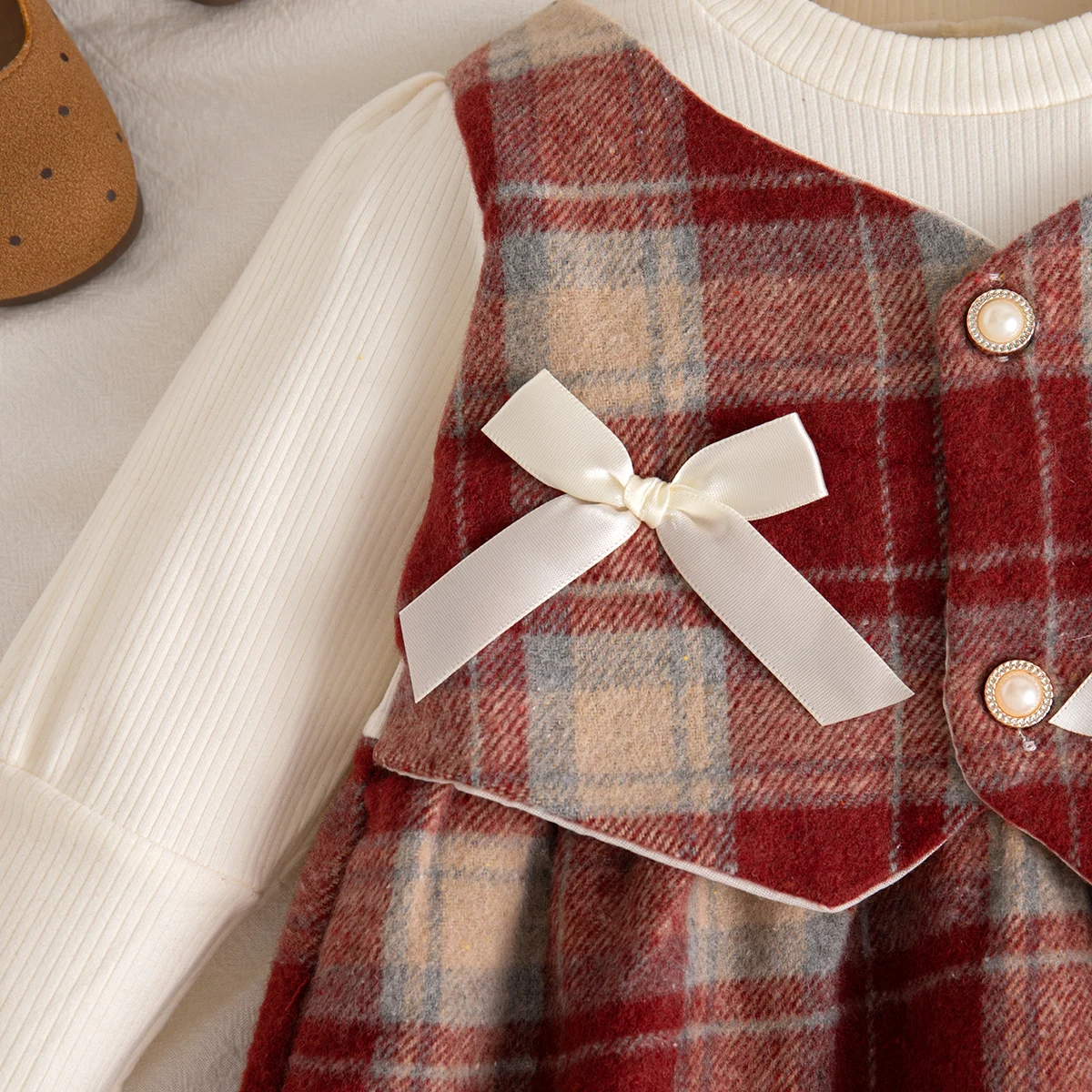 Mädchen Weihnachten Party Kostüm Kleinkind Mädchen Frühling Herbst Kleid Colorblock Plaid Schleife Langarm Kleid – Detail 15
