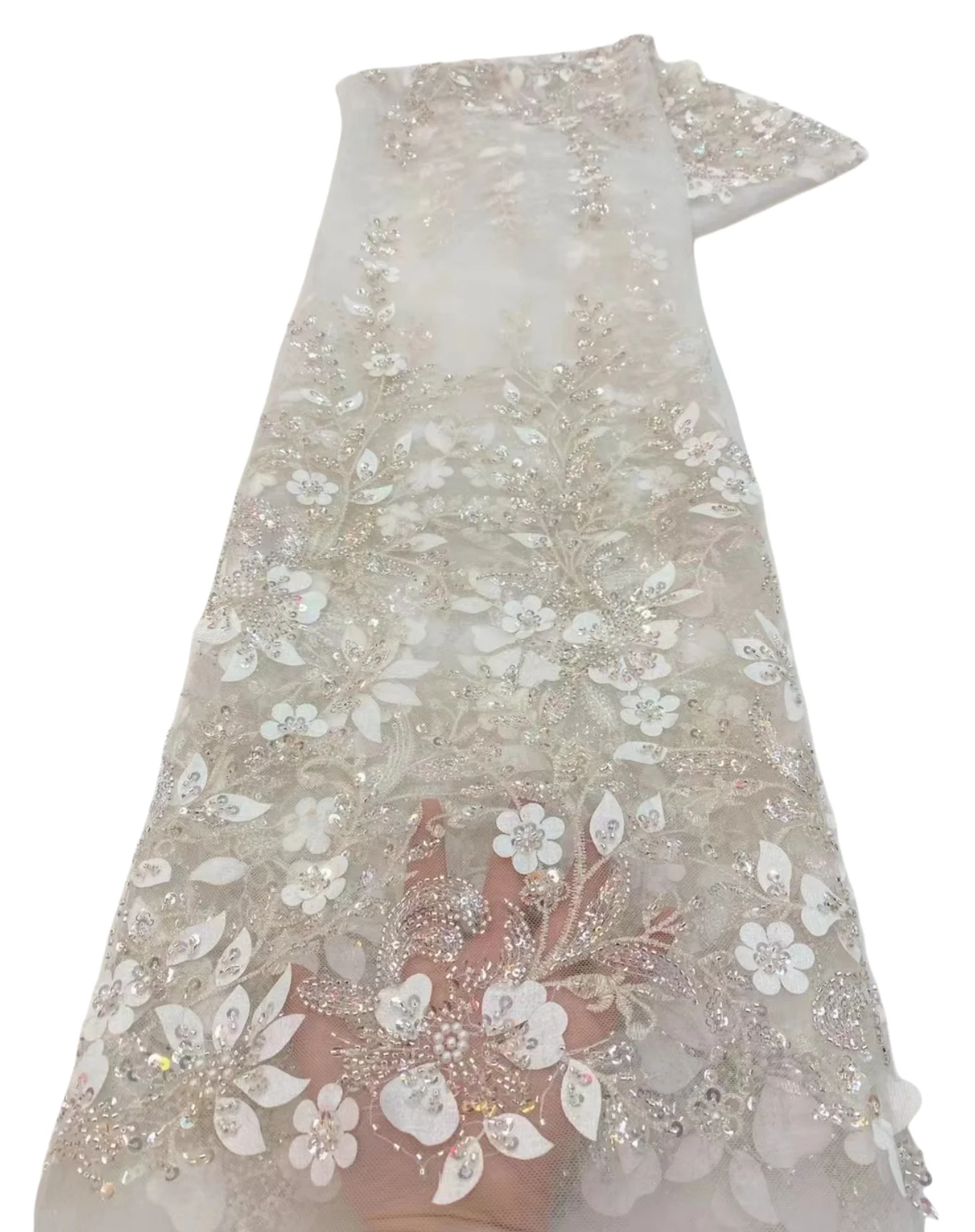 1 Yards African Sequins Beads Lace Fabric High Quality 3D Flower French Mesh Tulle Embroidery Wedding Bridal Lace