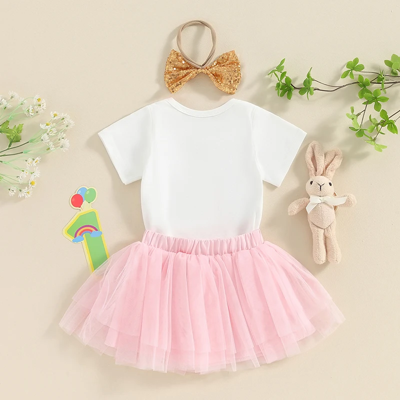 

Birthday Outfit Baby Girls Easter Romper Letter Print Short Sleeve Bodysuit Mesh Tutu Tulle Skirt Headbands Set