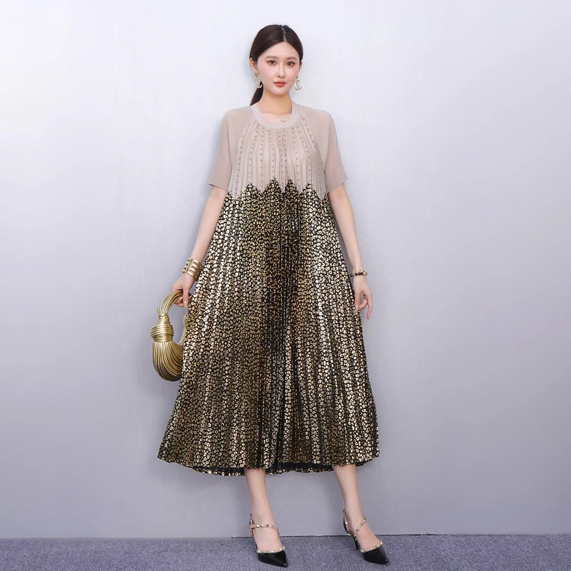 2025 Summer New Elegant Women Loose Pleated Long Dresses Ladies Short  Sleeve Patchwork Dress Wholesale J1195 - AliExpress