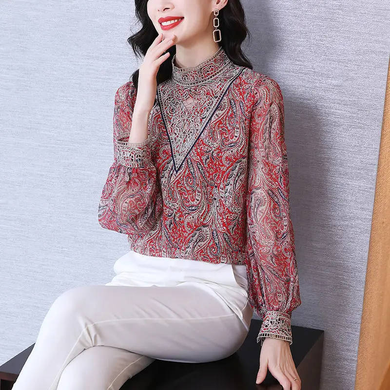 2023 Spring and Autumn Women's New Fashion Commuter Retro Embroidery Printed Lantern Sleeves Comfortable Casual Versatile Top