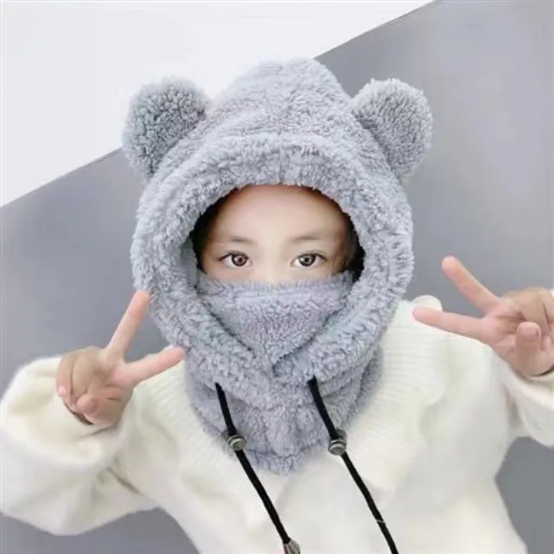 Winter Children Hat Scarf In One Plus Fleece Kids Warm Caps Parent-child Cartoon Windproof Hats For Girls Boys Earflap Cap