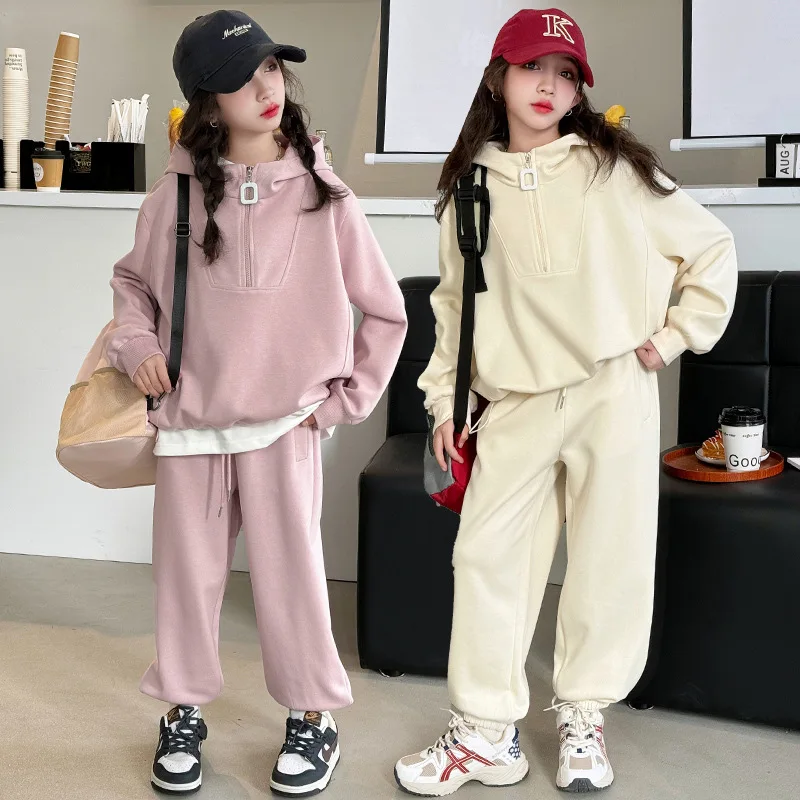 

2024 Korean Spring Autumn Girl Children's Top And Bottom Set School Girl Half Zip Sweatshirt+Sport Pants Set For Girls 4-12Yrs