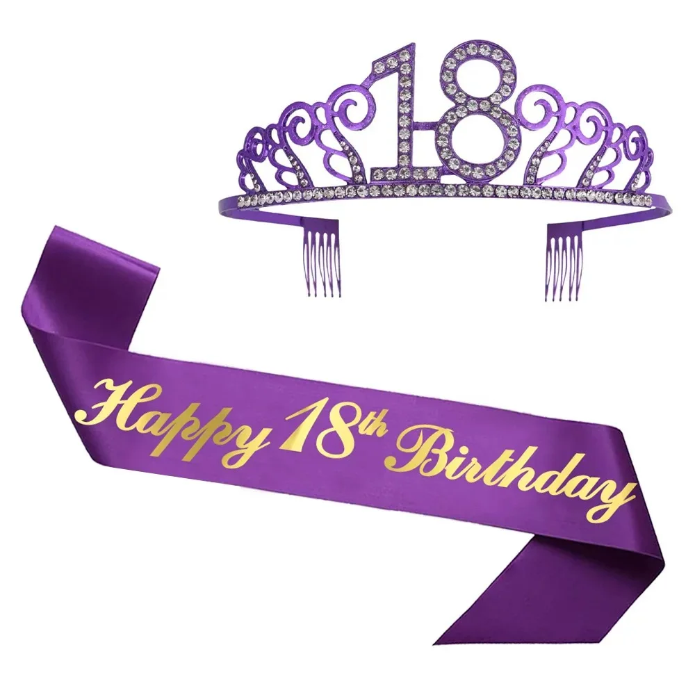 생일 축하 18 세대 30 세대 40 세대 50 세대 보라색 새틴 새시 크리스탈 크라운 티아라, 성인 생일 파티 장식 기념일 용품