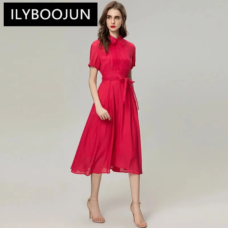 

ILYBOOJUN Fashion Women's New Vintage Shirt Collar Short-Sleeved Pleated Lace-Up Elegant A-Line Party Prom Dress MIDI Dresses