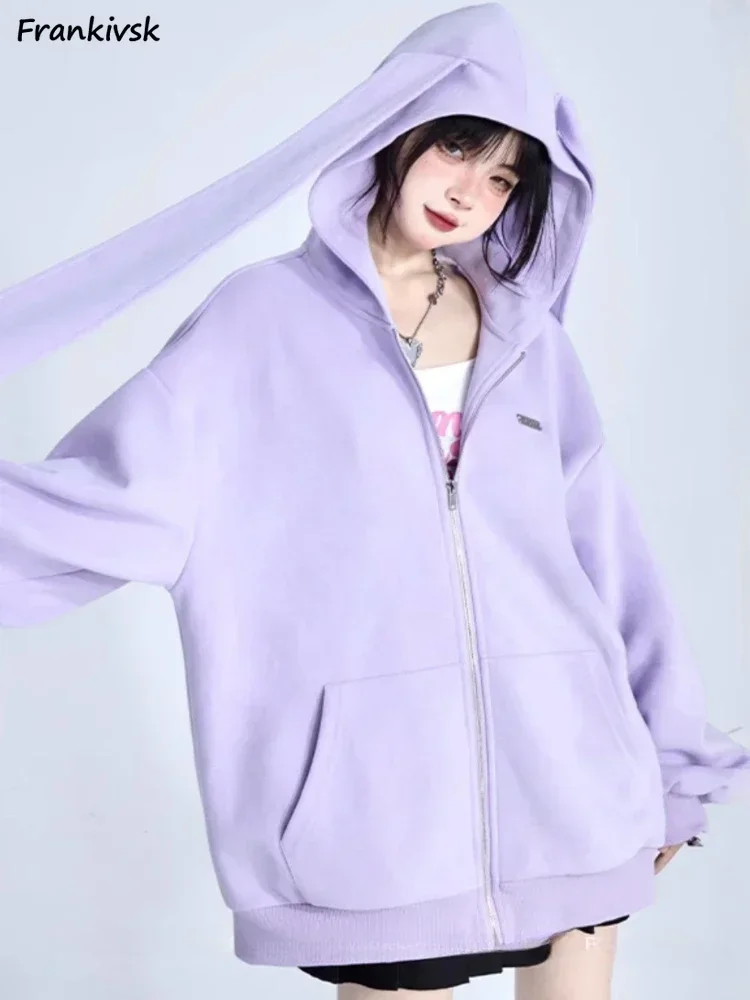 Hooded Jackets Women Solid All-match Y2k Korean Style Zipper Harajuku Streetwear Rabbit-Ear Lovely Outwear Fashion Autumn Cozy