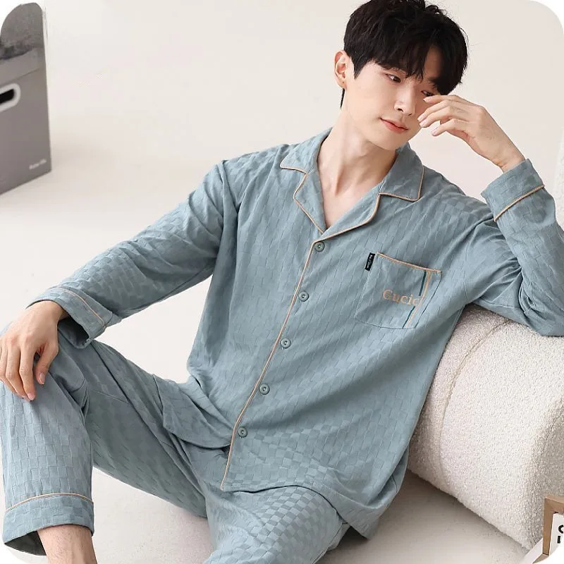 

2024 New Double-sided Thickened Pure Cotton Pajamas Men's Spring Autumn Sleepwear Long Sleeved Cardigans Casual Loose Homewear