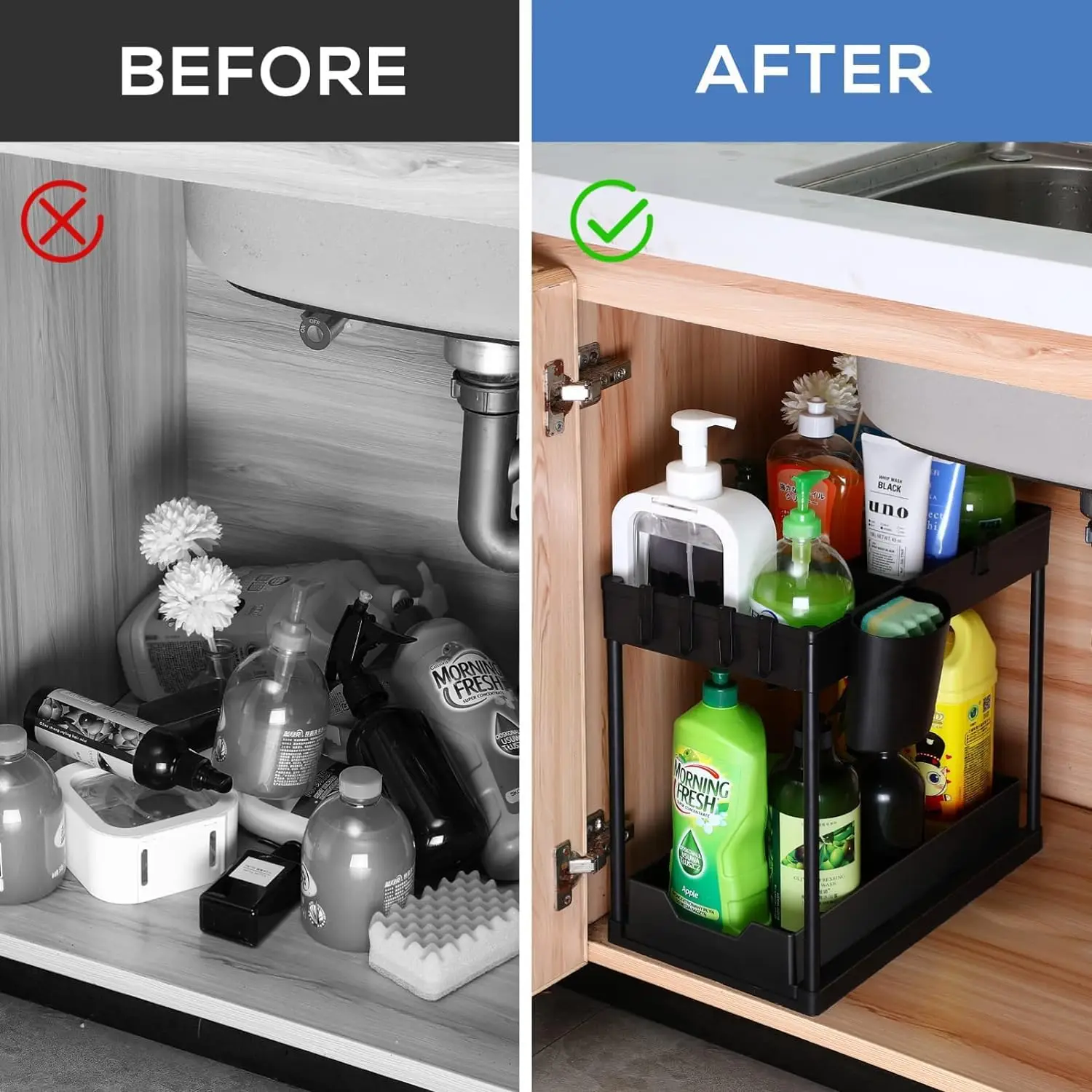 Sorty 2-Tier Under Sink Organizer with Cup & Hooks - Image 4