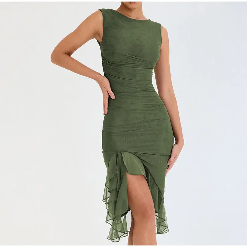 

Sexy Irregular Ruffles Bodycon Pleated Mid-length Dress Women's Summer O Neck Sleeveless Dress Female's Night Club Outfits