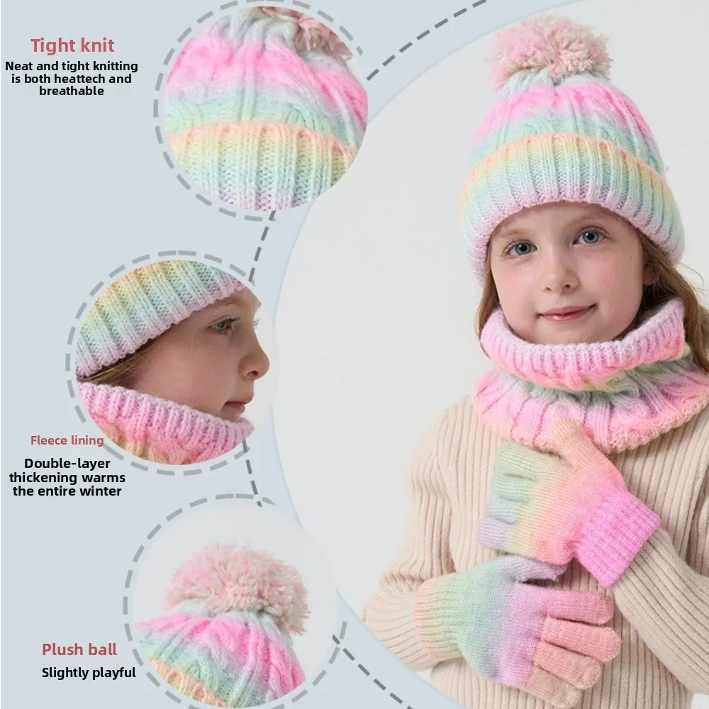 Gradient Color Baby Hat Scarf Gloves Set Cute Pompom Warm Ears Toddler Knitted Hat Thickened with Velvet Hat Set