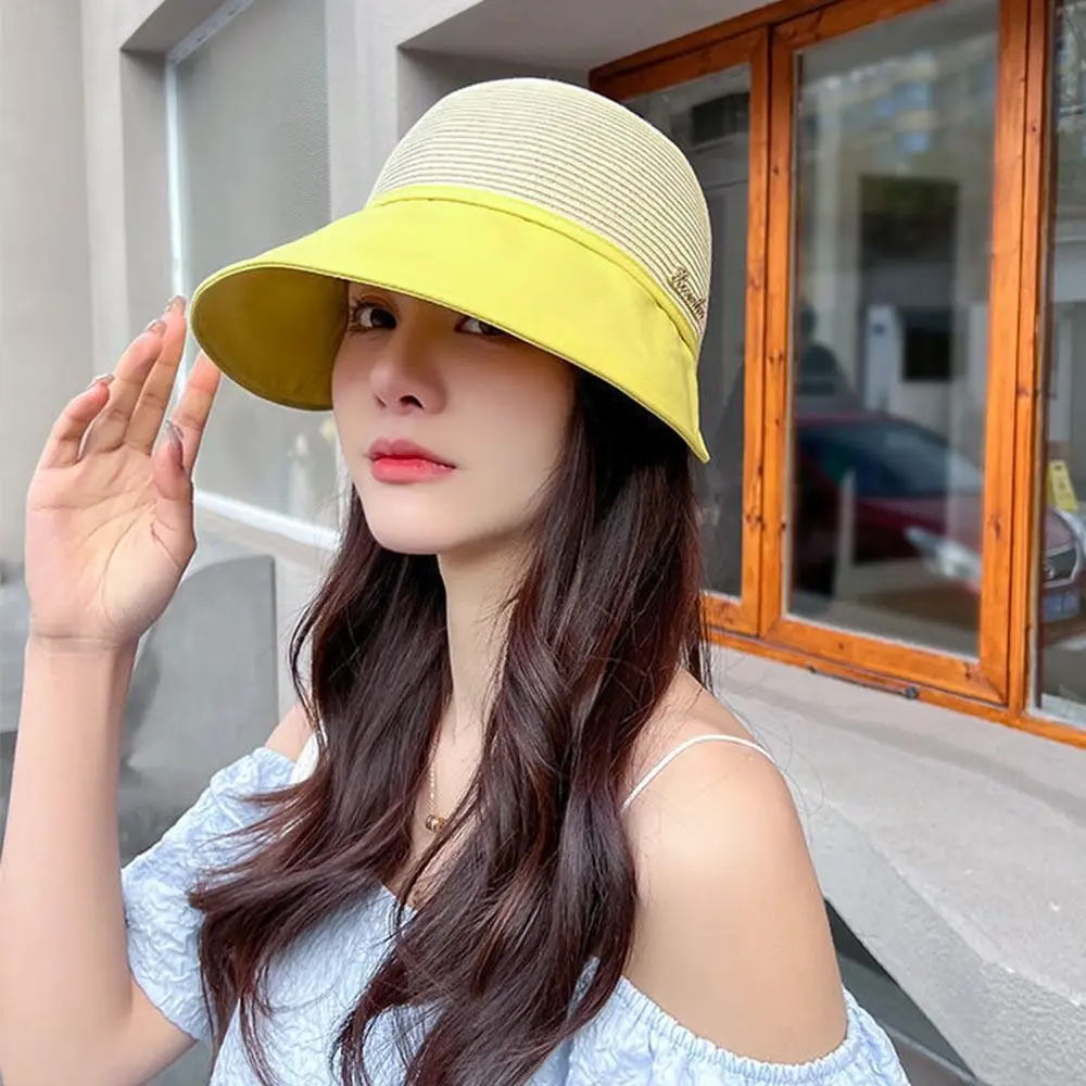 Summer Women Bucket Hat UV Protection Sun Hats Soft Foldable Wide Brim Outdoor Beach Hat Panama Cap Ponytail Cap 3
