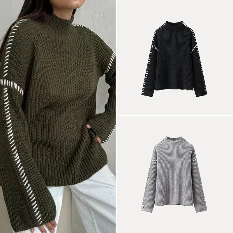 Spring New Sle Women's Faionable Loose Long Sve Stand Collar Sweater Patchwork Slimming Match All Z Polyester Fiber