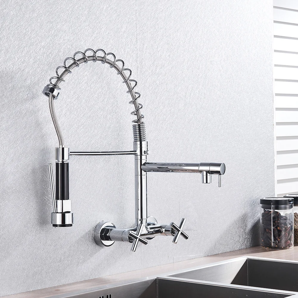 

Vidric Wall Mount Spring Basin Kitchen Faucet Pull Down Hot Cold Water Kitchen Sink Mixer Tap Dual Handle Two Swivel Spout Bas