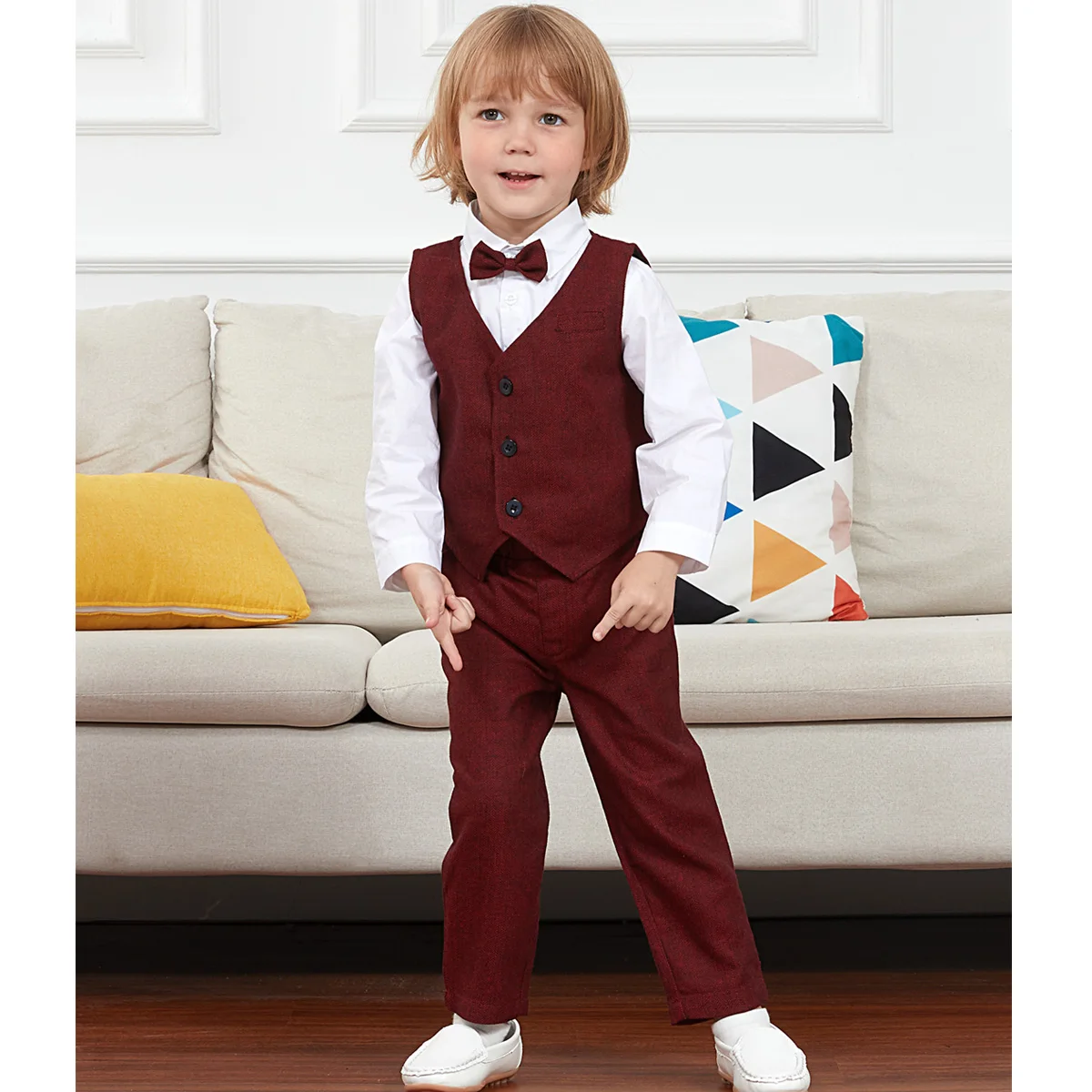 Boy Formal Clothing Set Toddler Baby Wedding Suit Sets Christening Outfit Long Sleeve Shirt Pants Bow Tie with Beret Hat 4 PCS