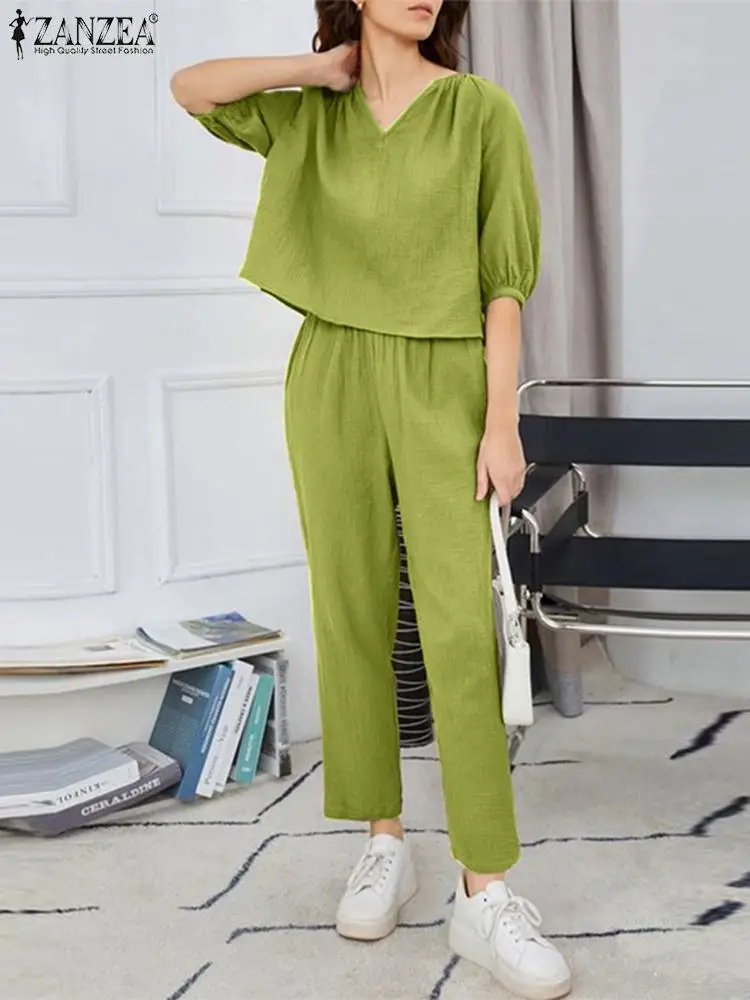 

Комплект ZANZEA женский из 2 предметов, повседневный укороченный топ с рукавом до локтя, модный однотонный спортивный костюм-карандаш, шикарные комплекты, лето 2024