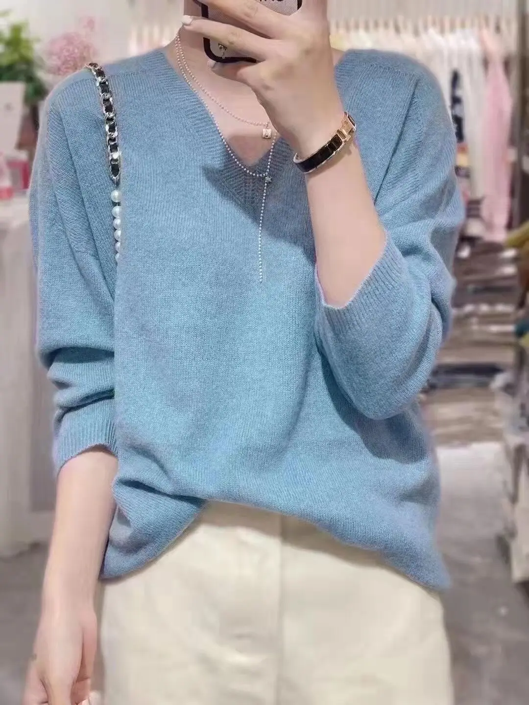 

Autumn and Winter Women's Casual Solid V-Neck Long Sleeve Loose Sweater