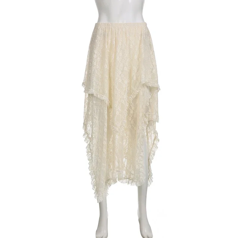 Vintgae Retro Lace Asymmetrical Skirt Fairycore Holiday Women Y2K High Waist Fashion Cute Mid Skirts
