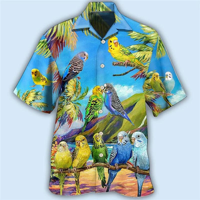thumbnail image 1 of Camisa hawaiana de manga corta con estampado floral de loro en 3D de verano para hombre, blusa de moda con un solo pecho para hombre, 1 of 5