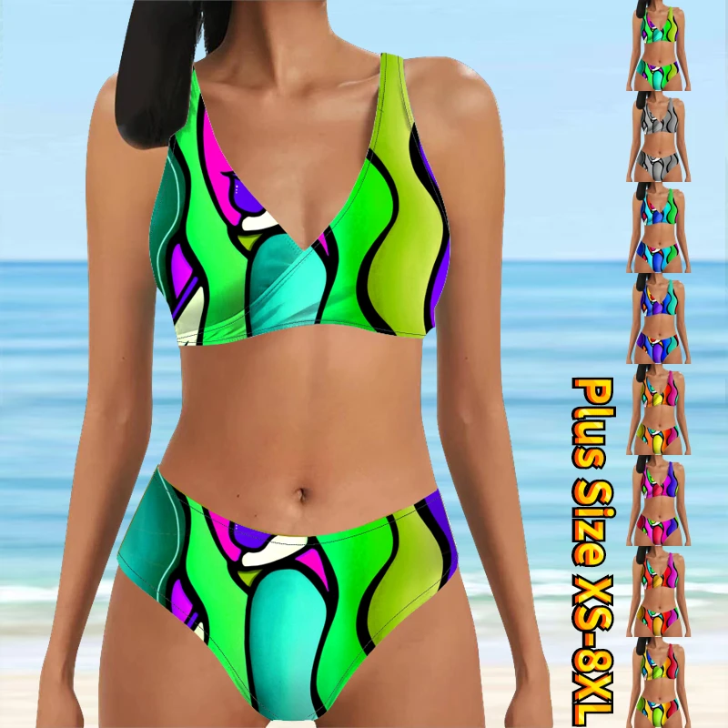 

Women Swimwear Swimsuit Bikini Set Summer Loose Tankini Abstract Printing Monokini Bathing Suit Vintage Beach Wear Plus Size