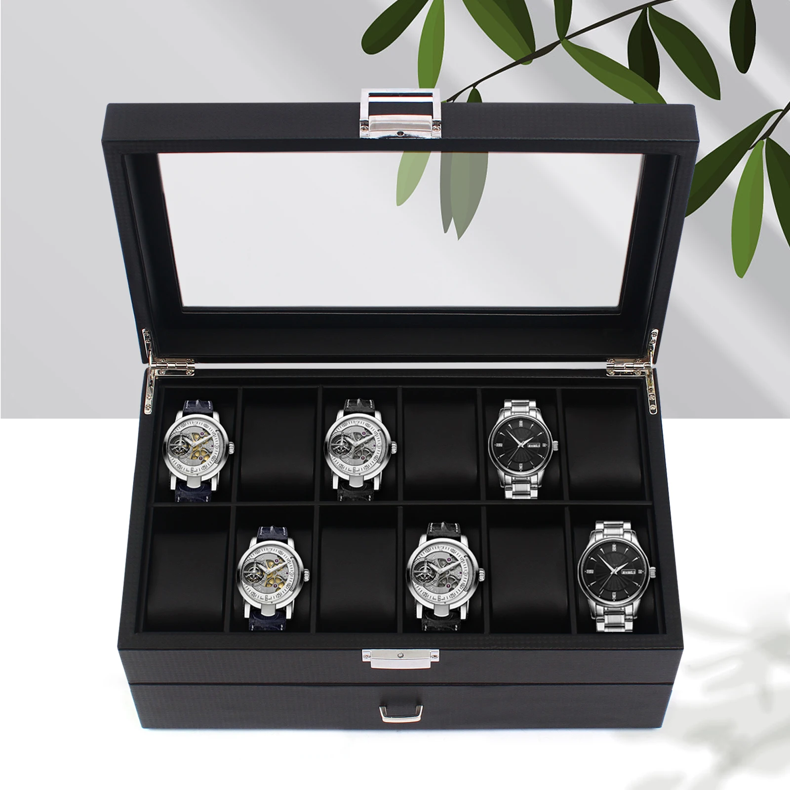 

24 Slots Watch Case Watch Display Box Organizer Jewelry Storage Box w/ Drawer Mens Gift