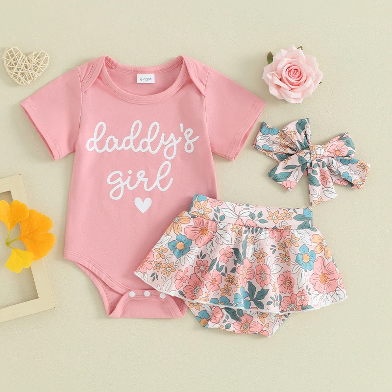 

Newborn Baby Girl Daddy’s Girl Romper T Shirt Floral Skirt And Top Set Flower Headband 3Pcs 0-18M Summer Clothes