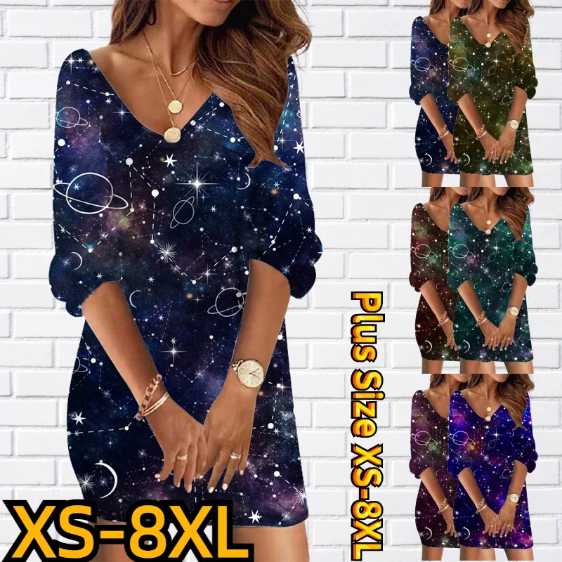 

Autumn Winter Women's Daily Street Fashion Dress Seven-quarter Sleeve Skirt New Design Printed Mini Skirt V-neck Short skirts