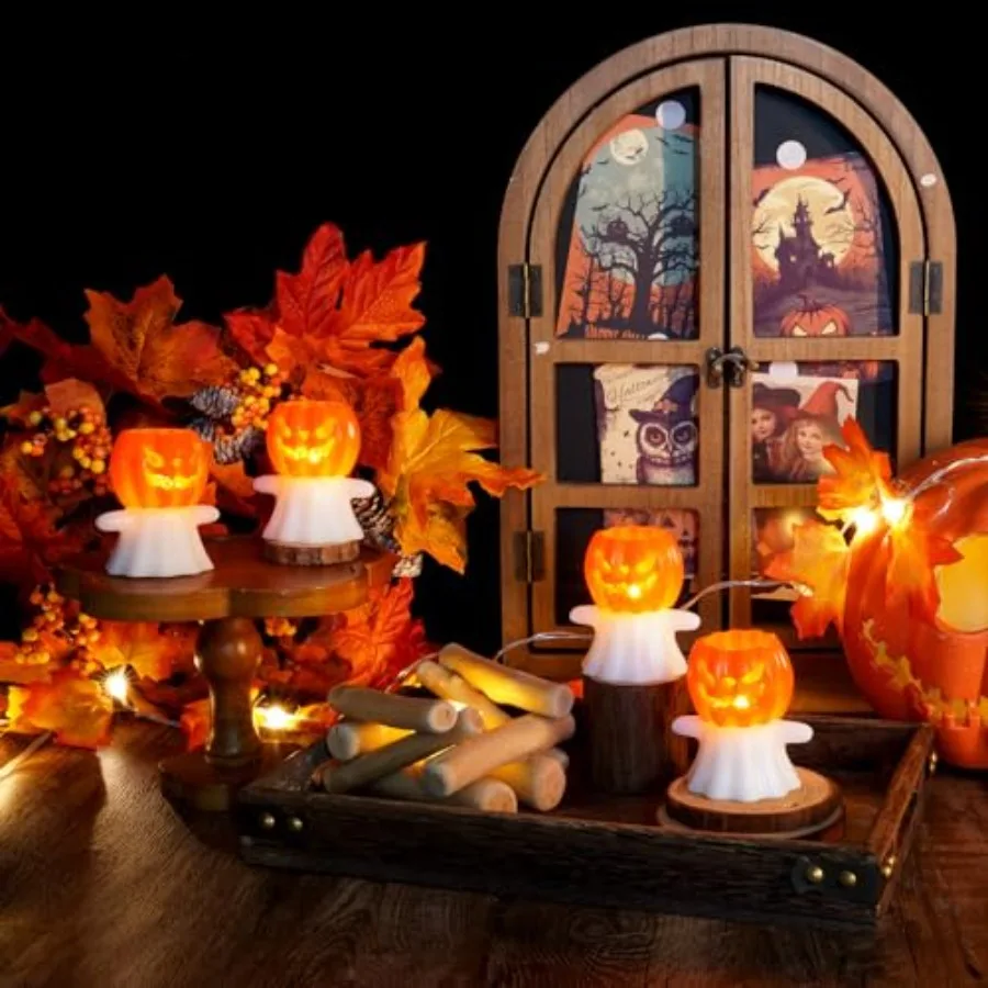 Real Wax Pumpkin Ghost Lamp 4 Pcs Flickering Flameless Candles with 6hrs Timer for Spooky Halloween Home Decor and Theme Party