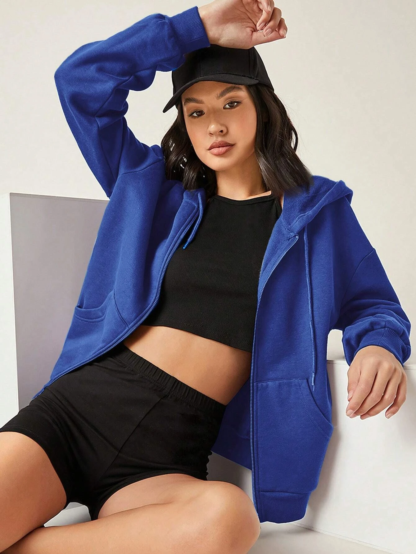סווטשירט עם רוכסן במידה גדולה לנשים, חם ומפואר עם כובע, בגדי ספורט קז'ואליים לסתיו עם כיסים לריצה ולרחוב