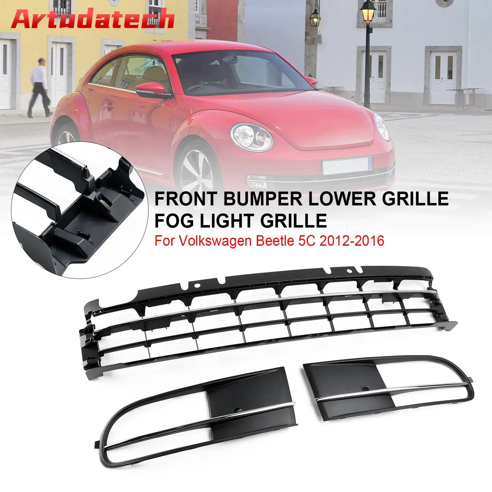 Artudatech Front Bumper Lower Grille + Fog Light Grill Fit for VW Beetle 2012-2016 W/ Chrome