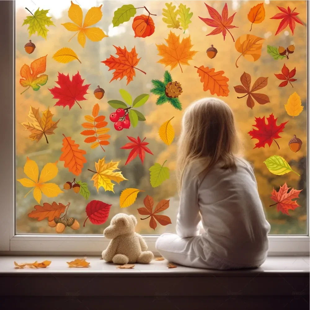 Description Picture 5 of itemThanksgiving Fall Leaves Window Clings Windows Doors Decorated With Maple Leaves Thanksgiving Glass Stickers Autumn Decoration