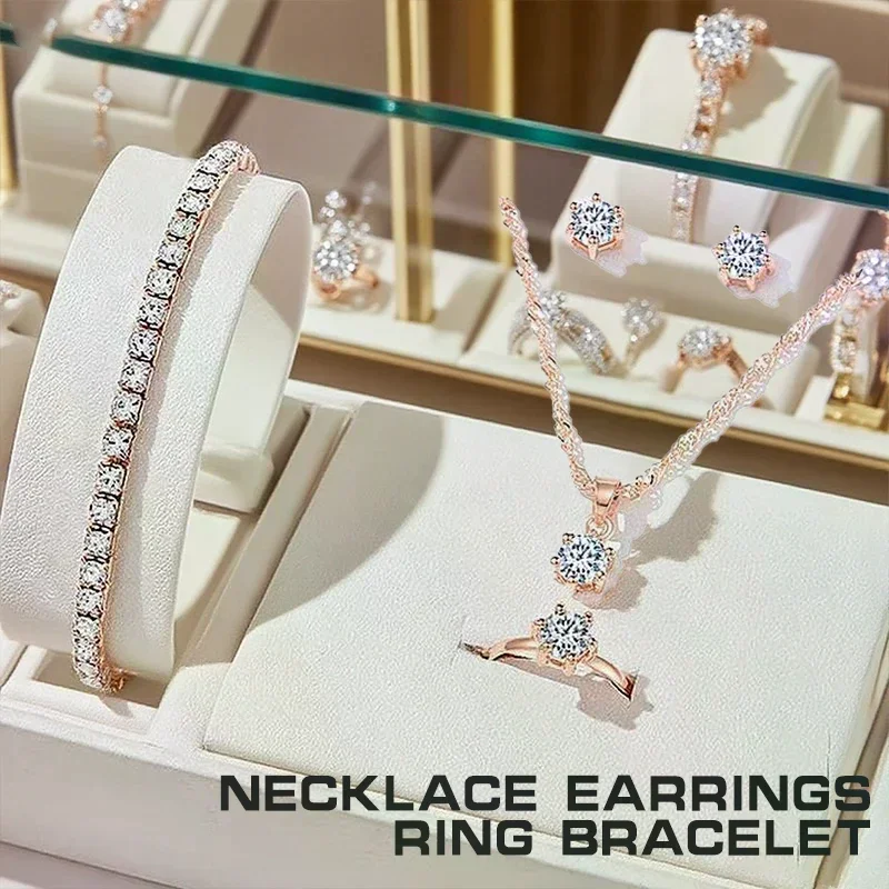 5Pcs Elegant Crystal Jewelry Sets For Women Necklace Earrings Ring Bracelet Princess Jewelry Bridal Wedding Set Valentine's Day