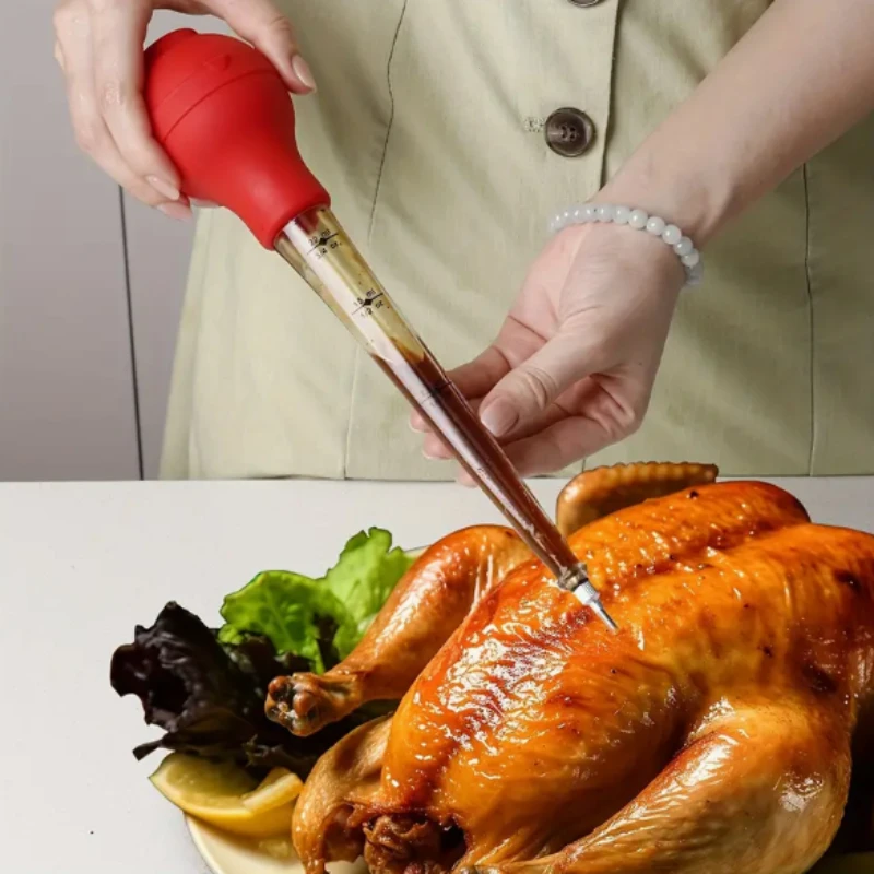 1pc Silicone Turkey Seasoning Pump Turkey Needle Barbecue Tool Silicone Drip Oil Seasoning Tube with Cleaning Brush