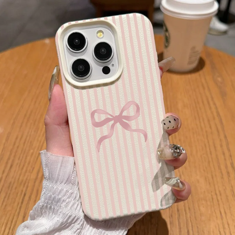 Elegant Striped Pink Bow Pattern Shockproof Soft Phone Case