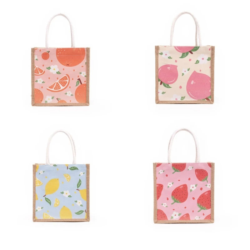 Fruit Printing Burlap Jute Tote Bags with Handles Wedding Bridesmaid Gift Bags Art Crafts Summer Beach Shopping Handbag Reusable