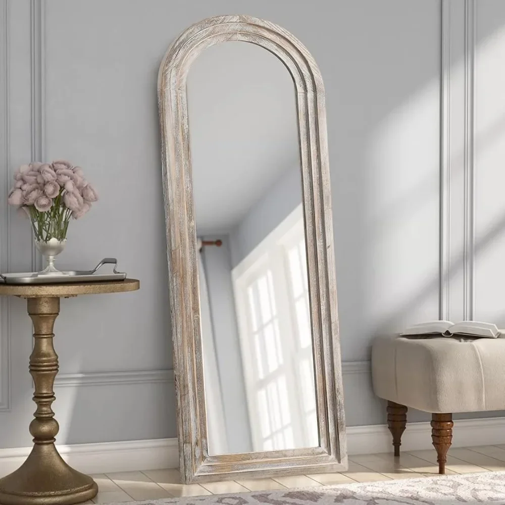 

Arched Full Length Mirror 65"x22" Floor Mirror Rustic Wood Frame Wall-Mounted for Bathroom Bedroom Living Room, White